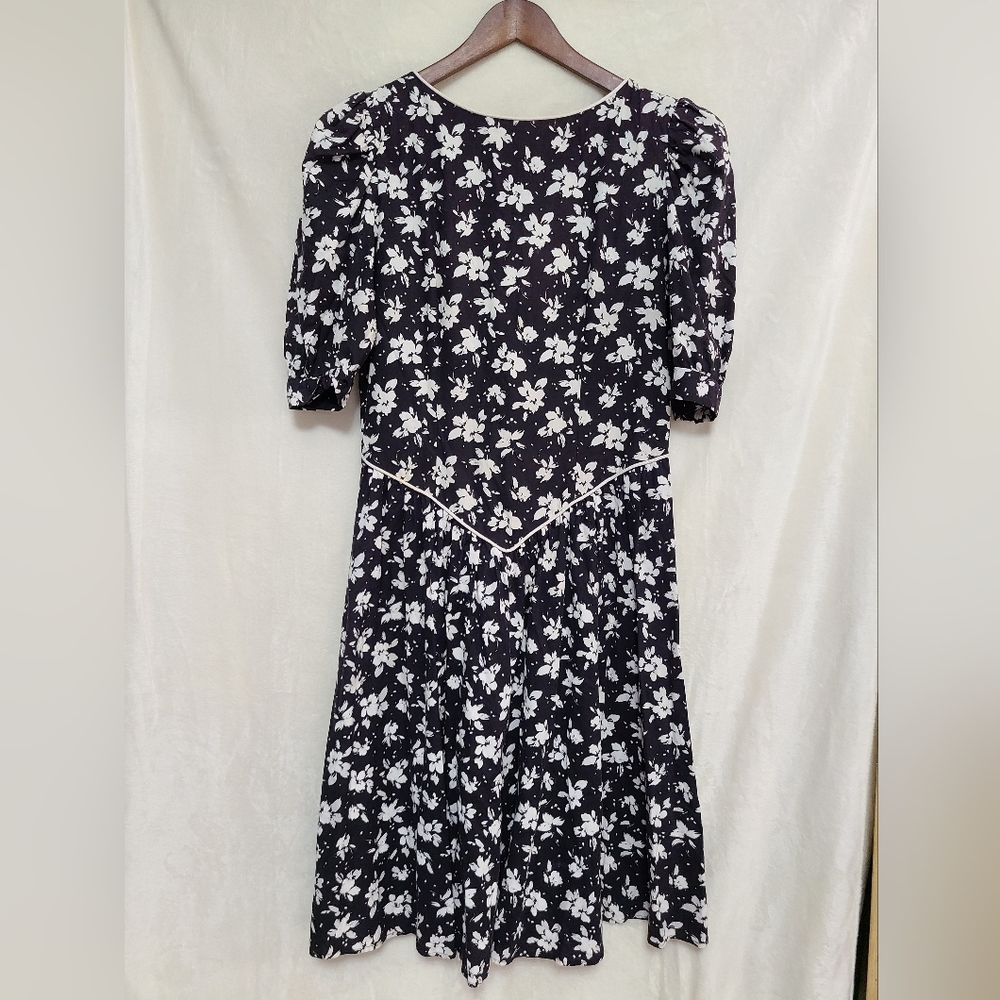 Vintage 80s In Cinq Black & White Floral Dress Size 16